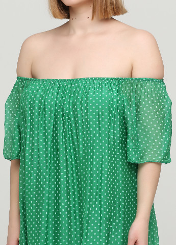 Зеленое кэжуал платье с открытыми плечами Made in Italy в горошек