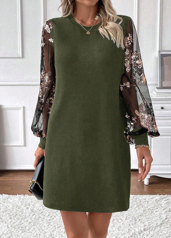 Зеленое деловое, кэжуал платье а-силуэт SHEIN с цветочным принтом