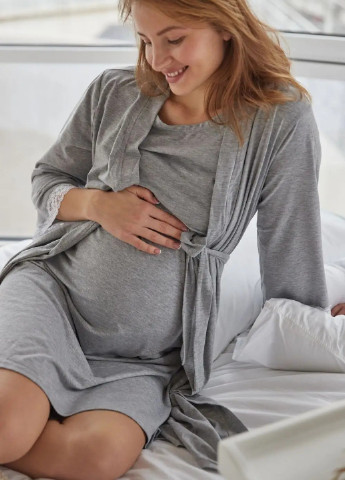 Серый демисезонный серый халат и ночная рубашка с секретом кормления для беременных кормящих комплект To Be