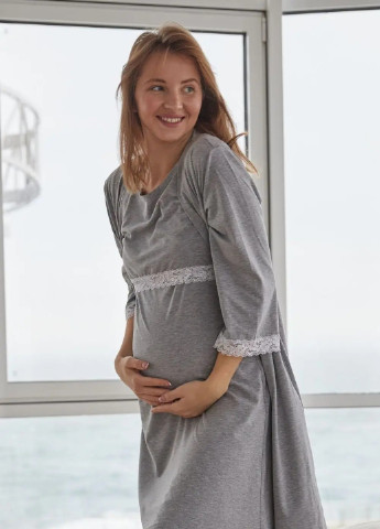 Серый демисезонный серый халат и ночная рубашка с секретом кормления для беременных кормящих комплект To Be