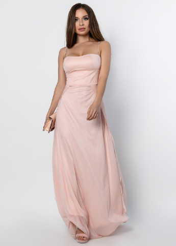 Персиковое вечернее платье с открытыми плечами Carica однотонное