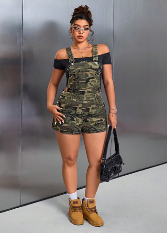 Комбінезон SHEIN комбінезон-шорти камуфляжний хакі джинсовий, кежуал бавовна, джинс