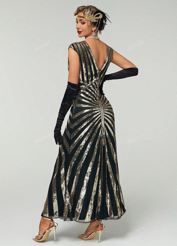 Черное вечернее платье годе, с открытой спиной SHEIN с геометрическим узором