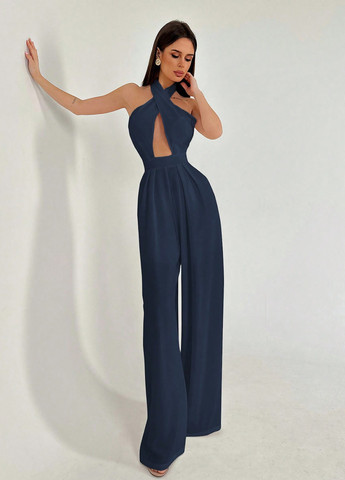 Комбінезон SHEIN комбінезон-брюки однотонний темно-синій коктейльний поліестер