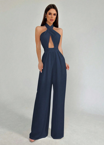 Комбінезон SHEIN комбінезон-брюки однотонний темно-синій коктейльний поліестер