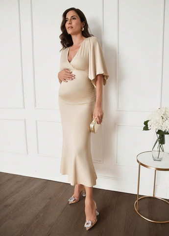 Кремовое праздничный, кэжуал платье для беременных SHEIN однотонное