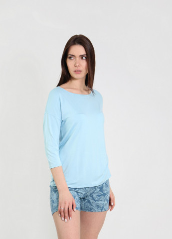 Голубая всесезон женская пижама 3/4 рукав лонгслив + шорты NEL