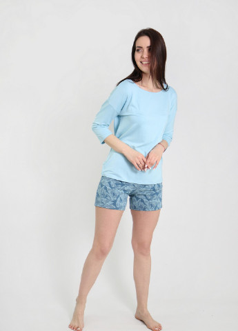 Блакитна всесезон жіноча піжама 3/4 рукав лонгслів + шорти NEL
