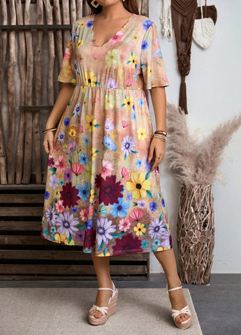 Бежевое праздничный, кэжуал платье а-силуэт SHEIN с цветочным принтом