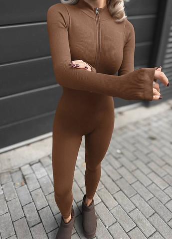 Комбинезон No Brand комбинезон-брюки однотонный коричневый кэжуал полиэстер, трикотаж