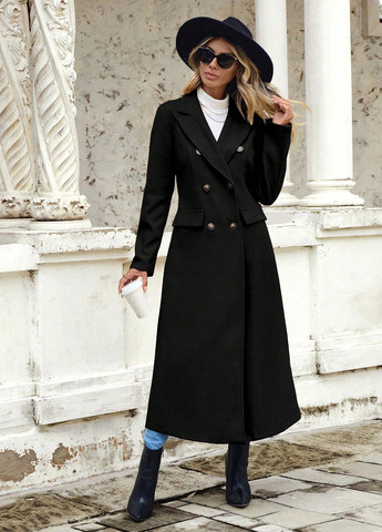 Чорне демісезонне Пальто двобортне SHEIN