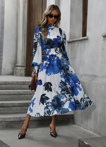 Комбинированное кэжуал платье клеш SHEIN с цветочным принтом