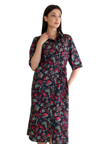 Комбинированное кэжуал платье-миди из коттона на пуговицах anna dali. производство украина. рубашка Kamelia с цветочным принтом