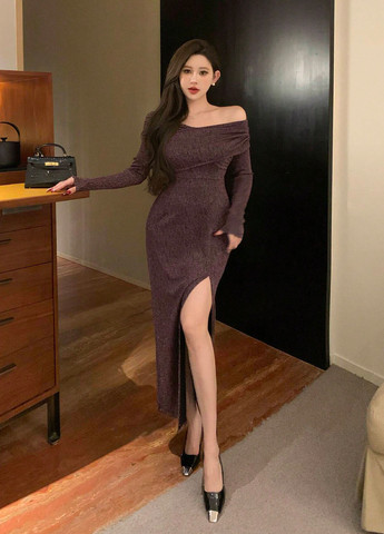 Темно-коричнева вечірня сукня з відкритими плечима SHEIN однотонна