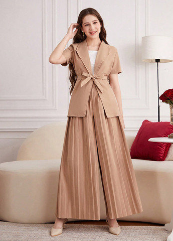 Темно-бежевый летний костюм (жакет, топ, брюки) SHEIN