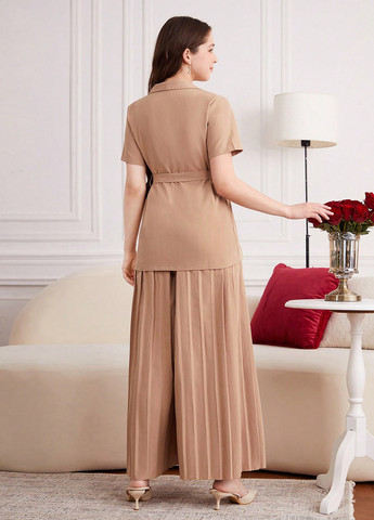 Темно-бежевый летний костюм (жакет, топ, брюки) SHEIN