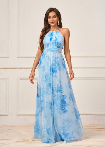 Блакитна вечірня, кежуал сукня а-силует, з відкритою спиною SHEIN з абстрактним візерунком