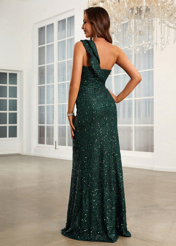 Темно-зеленое вечернее платье на одно плечо SHEIN однотонное