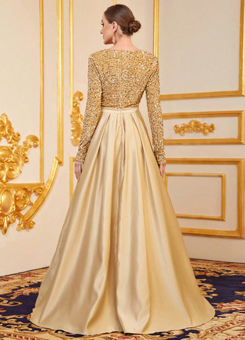 Золотистий вечірня сукня з спідницею-сонце SHEIN однотонна