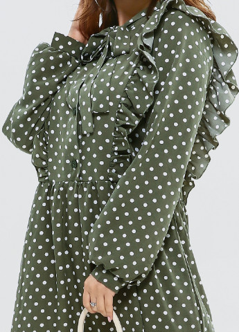 Оливковое (хаки) кэжуал платье клеш ISSA PLUS в горошек