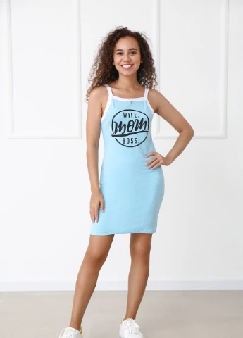 Голубое кэжуал трикотажное платье-майка Fashion Girl с надписью