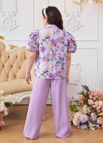 Лавандовый летний комплект (блуза, брюки) SHEIN