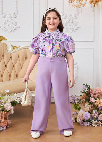 Лавандовый летний комплект (блуза, брюки) SHEIN