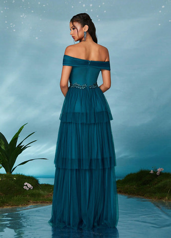 Темно-бирюзовое вечернее платье в стиле ампир, с открытыми плечами, с открытой спиной SHEIN однотонное