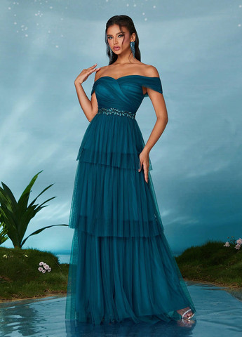Темно-бирюзовое вечернее платье в стиле ампир, с открытыми плечами, с открытой спиной SHEIN однотонное