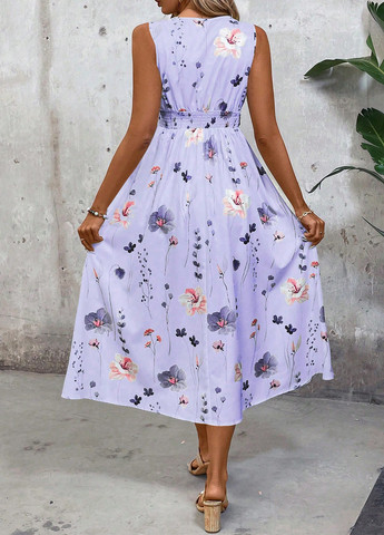 Светло-фиолетовое кэжуал платье клеш SHEIN с цветочным принтом