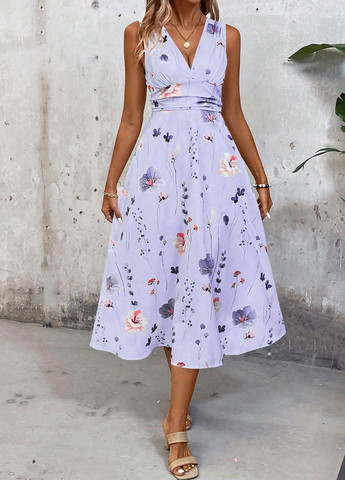 Светло-фиолетовое кэжуал платье клеш SHEIN с цветочным принтом