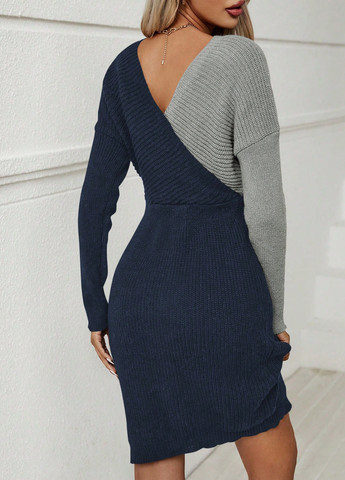 Синее кэжуал платье на запах SHEIN колор блок