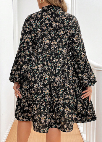 Чорна святковий, кежуал сукня кльош, а-силует SHEIN з квітковим принтом