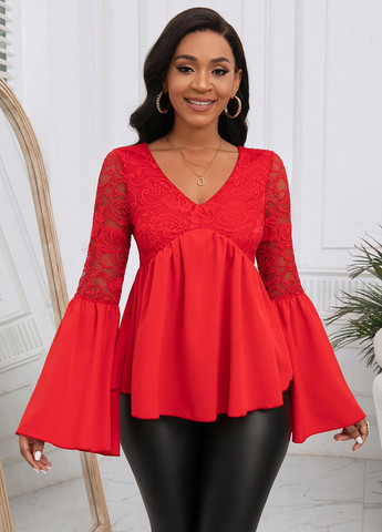 Яскраво-червона блуза з баскою SHEIN