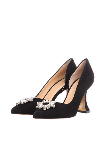 Черные женские классические туфли с брошкой, со стразами на высоком каблуке - фото