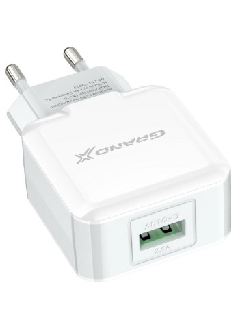 Зарядний пристрій (CH03LTW) Grand-X usb 5v 2,1a white + cable usb -> lightning, cu (253507221)