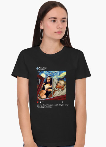 Чорна демісезон футболка жіноча інстаграм ван гог і джоконда (van gogh and la gioconda) (8976-2952) xxl MobiPrint