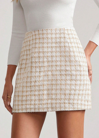 Кремовая кэжуал в клетку юбка SHEIN а-силуэта (трапеция)