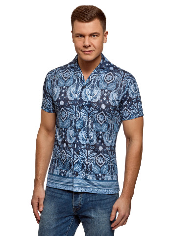 Синяя кэжуал рубашка с абстрактным узором Oodji с коротким рукавом