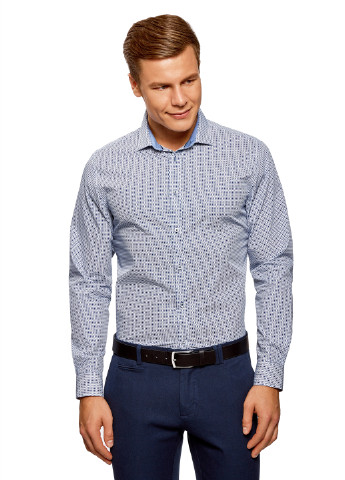 Голубой кэжуал рубашка с геометрическим узором Oodji с длинным рукавом