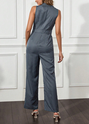 Комбінезон SHEIN комбінезон-брюки смужка сіро-синій святковий, діловий поліестер