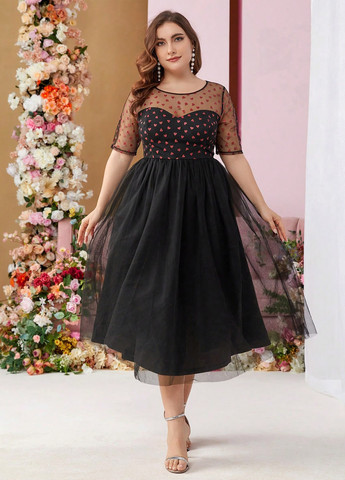 Черное праздничный, коктейльное платье клеш SHEIN сердечки