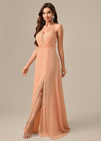 Персиковое вечернее, праздничный платье в греческом стиле, с открытой спиной, с открытыми плечами SHEIN однотонное