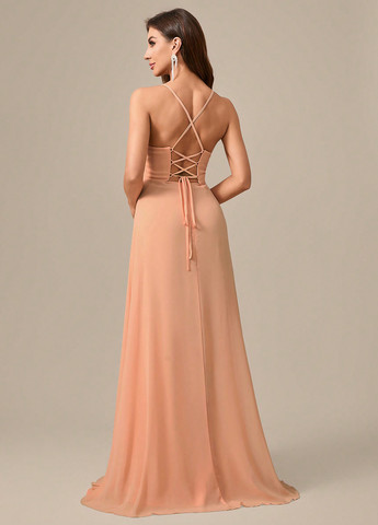 Персиковое вечернее, праздничный платье в греческом стиле, с открытой спиной, с открытыми плечами SHEIN однотонное