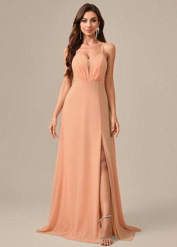 Персиковое вечернее, праздничный платье в греческом стиле, с открытой спиной, с открытыми плечами SHEIN однотонное