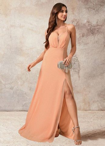 Персиковое вечернее, праздничный платье в греческом стиле, с открытой спиной, с открытыми плечами SHEIN однотонное