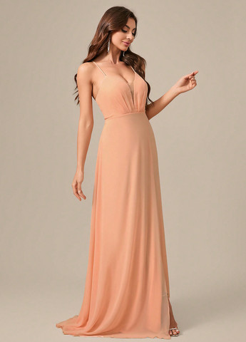 Персиковое вечернее, праздничный платье в греческом стиле, с открытой спиной, с открытыми плечами SHEIN однотонное
