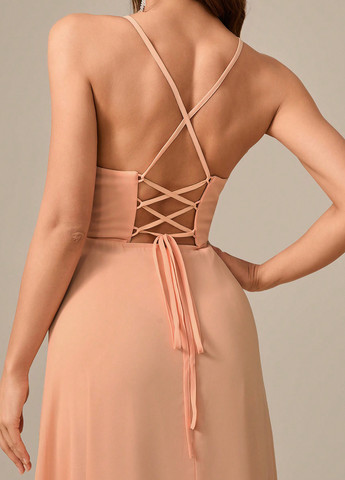 Персиковое вечернее, праздничный платье в греческом стиле, с открытой спиной, с открытыми плечами SHEIN однотонное