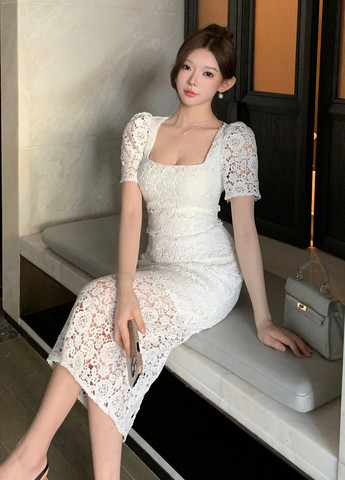 Молочна вечірня, кежуал сукня силуетна, кльош SHEIN однотонна