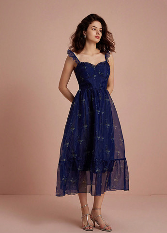 Темно-синее праздничный, коктейльное платье клеш SHEIN с цветочным принтом